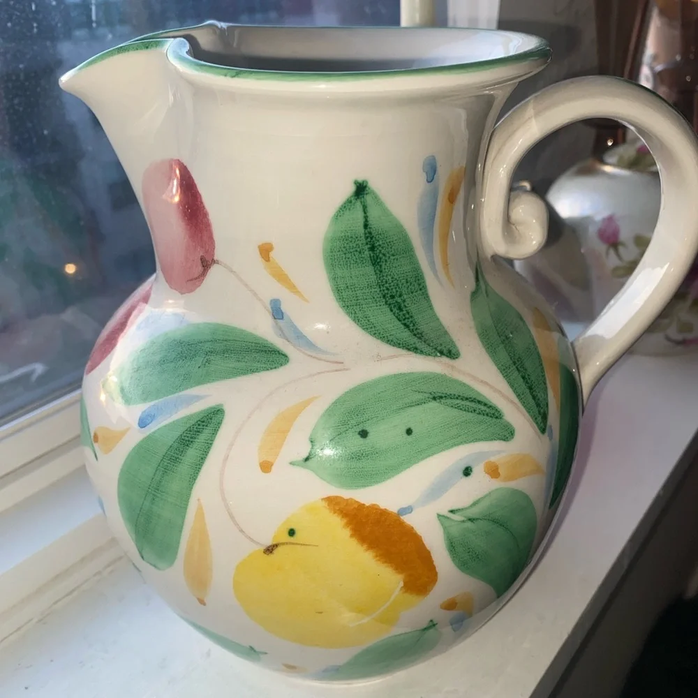 Crate & Barrel Brillante Floral Ceramic Pitcher 65oz Hand Painted Made in Italy